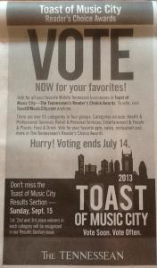 Honored and Humbled to Be Nominated for Toast of Music City